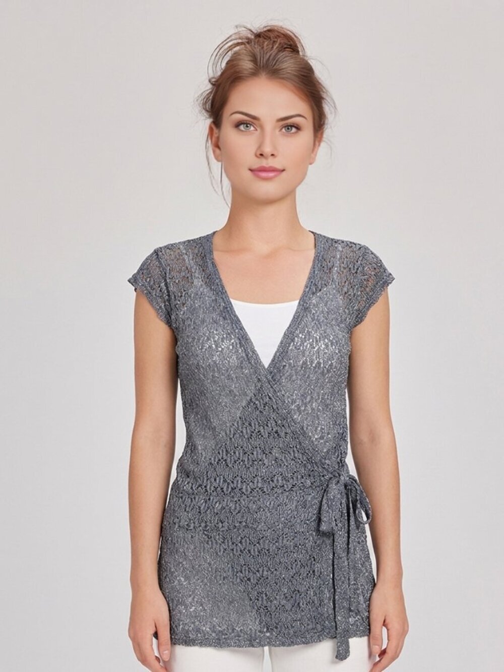 Promod Gray Metallic Knit Crochet Lace Wrap Cap Sleeve Cardigan